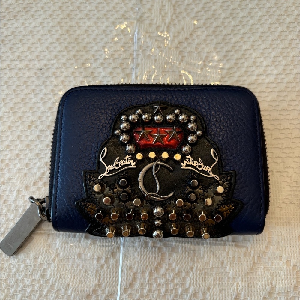 Christian Louboutin Panettone Navy Blue Leather Studded Wallet/Card Case